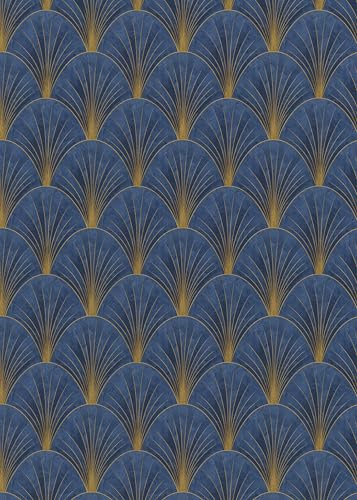 Elle 10451-08 Papier peint intissé Motif éventails Art Déco Bleu Or Métallique