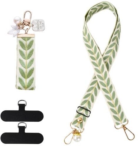 Naapesi Cordino per Cellulare, 3 Patch & 1 Keychain, Catena per Cellulare, Regolabile e Rimovibile, Gioielli in Tessitura di Cotone Perlato per Le Donne, Foglie di Vite, Adatto a Tutti Gli Smartphone