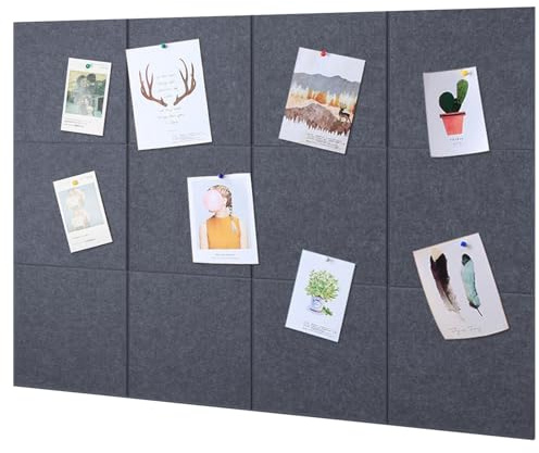 LUPATDY Gran Corcho Pared Autoadhesivo 120 x 90 cm, 12 Piezas 30x30 cm Tablero de Corcho Fieltro, 0,9 cm de Grosor, para Oficina Casa,Tablón de Anuncios con 30 Chinchetas (Gris Oscuro)