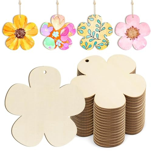 50 Stück Holzanhänger zum Bemalen - Basteln Frühling 7.5cm Holzblumen Deko, DIY Handwerk für Hochzeit Geburtstag Weihnachten Valentinstag Geschenkanhänger