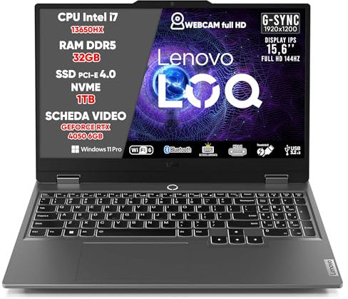Lenovo Pc Gaming, Notebook Gaming i7 13650HX, 32 GB RAM DDR5, SSD 1TB, GeForce RTX 4050 6GB, DISPLAY IPS 15,6 FHD 144Hz G-SYNC, Laptop Gaming Tastiera Retroilluminata, Wi-Fi 6, Thunderbolt