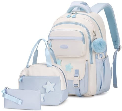 Amythe Skolväska för flickor, 3-delad barnryggsäck för grundskola, bokväska med flera fack för flickor med lunchlåda och etui, casual väska för dos fille, Blå, 92 cm
