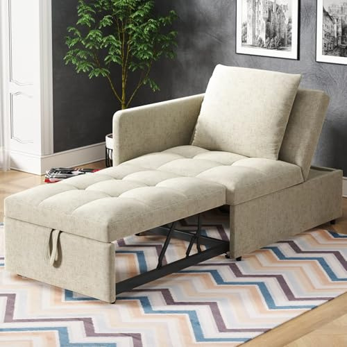 KOMHTOM Divano letto Singolo Convertibile, Divano Imbottito 3 in 1 Multifunzionale, Poltrona con Schienale Regolabile e Cuscino per Soggiorno, Camera da Letto (Beige)