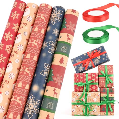HOMIKLSA Presentpapper, jul, 5 rullar presentpapper för barn (43 cm x 300 cm) med röda och gröna julband och dubbelsidig tejp för pojke, flicka, jul, gästpresenter