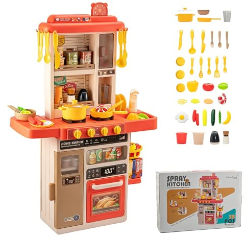 Classic Toys Wooden Pretend Play Kitchen for Kids 3Y+, Pink with Electric Cooking Plate Accessories, Educational Role Play Toys (Pink)