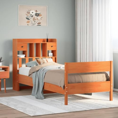 Ordellia Massiv träsäng med hylla, vaxbrun, 75 x 190 cm, furu, robust sängram, lagringsutrymme för sovrum, utan madrass