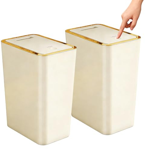 Stowetry 2 Pack 9L Bedroom Bin,Plastic Bathroom Bin with Lid | Slim Push Button Thin Trash Can,Dog Proof Narrow Garbage Can for Bathroom,Bedroom,Living Room,Kitchen,Toilet,Office (Beige)