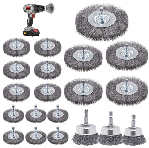 20 Stück Drahtbürste Bohrmaschine, 6mm Stahlbürste Akkuschrauber mit Sechskantstange Drahtbürsten Set, Drahtbürste Akkuschrauber, für Schleifen, Polieren, Entrosten, Reinigen und Vibrationsdämpfen