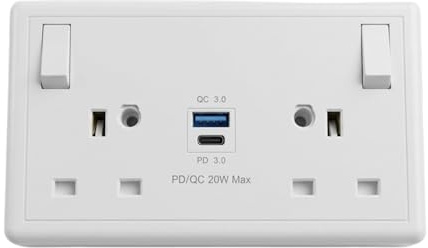 SHPELEC USB Socket Converter – Single to Double Plug Adapter, 20W Fast Charge USB A & USB C (PD/QC 3.0), 13A Fused Switched 2 Gang Wall Socket Extender, Long Screws Included, White, 1 Pack