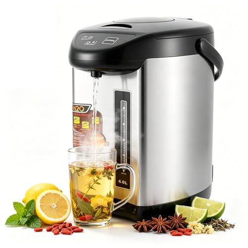 Heißwasserspender 4 Liter, Edelstahl 304 Thermopot mit Sichtfenster für Wasserstand, 3 Entnahme-Methoden & Temperaturhaltung, 92-95°C, 750W 220V Glühweinkocher für Büros, Hotels, Wohnungen