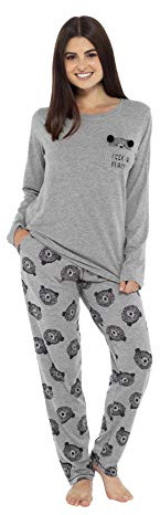 Daisy Dreamer Pyjama Set Women's Bear & Frenchie Cotton Jersey Pyjamas Lounge Wear Long Sleeve Grey PJs, Large (UK 16-18), Bear
