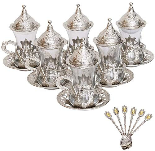 Alisveristime (Set of 6 Handmade Turkish Tea Water Zamzam Serving Set Glasses Saucer and Spoon (Silver)