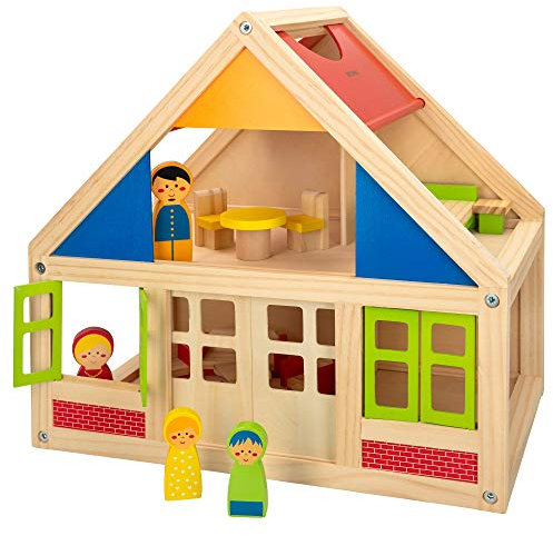WOOMAX - Maisons de poupées en Bois avec Meubles, avec 2 poupées, 39,5 x 24,5 x 37 x 5 cm, 2 étages, Maison de poupées, Meubles en Bois Maison de poupées, 3 Ans (46477)