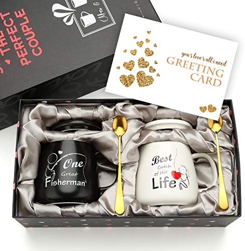 Sovyime One Great Fisherman, Best Catch of His Life Coffee Couple Mugs Gift Set - Unique Engagement Wedding Gift for Couples - Funny Idea for Lovers Friends Valentine's Day Gifts - 15 OZ
