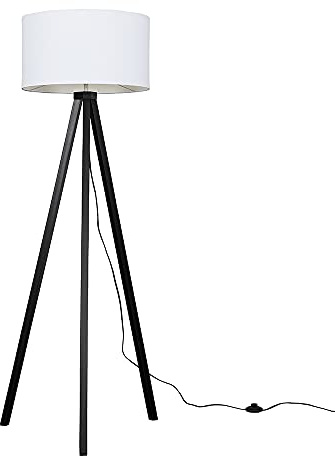 MiniSun | Modern Black Wood Tripod Design Floor Lamp with a White Drum Shade | Floor Lamps & Torchieres, Home Décor & Improvement Essential | Includes Bulb [3000K Warm White]