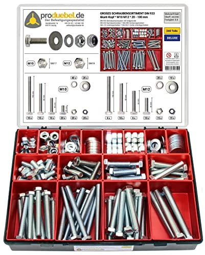 Großes Schrauben-Sortiment DIN 933 M10/M12 Stahl verzinkt (DIN933+934+985+125+9021) 240-tlg (Deluxe-Box)