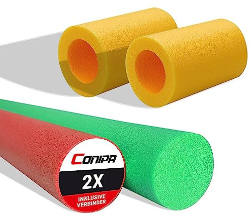 Conipa® - 2 Stück Schwimmnudel (160 x 7 cm) für Kinder & Erwachsene INKL. VERBINDER (Schaumstoff) - Poolnudel Set ab 3-10 Jahre (Made IN Europe) - Pool Wassernudel & Spielzeug (Rot + Grün)