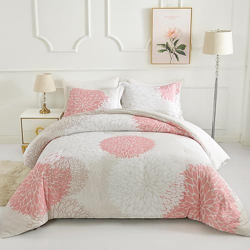 Koniroom Beige and Pink Comforter Set King Size, Floral Bedding Sets King Size with Pink Cute Flowers Pattern Printing for Women Teen Girls, All Season 3 Pieces Floral Comforter with 2 Pillow Shams