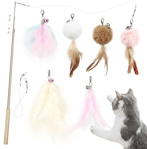 SONGWAY Interaktives Katzenspielzeug Feder - Katzenspielzeug Set, Einziehbare Natürliche Federstab Katze Spielzeug mit 6 Stück Katzenangel Ersatz mit Glocken, Rosa