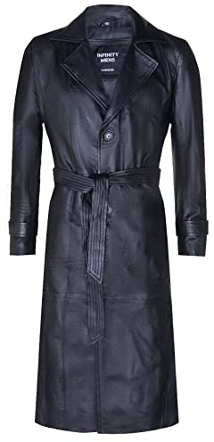 Men's Black Leather Classic Full Length Long Trench Coat