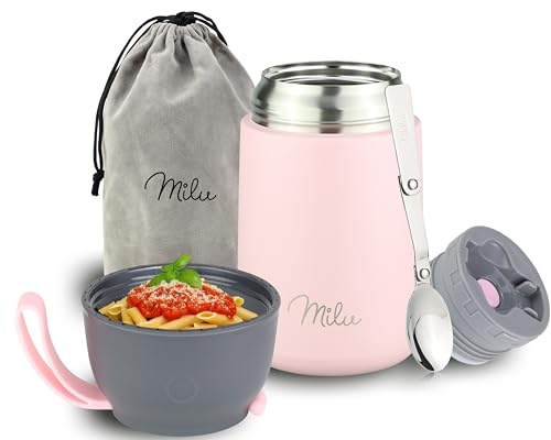 Milu® Termos 450/650 ml, av rostfritt stål, matbehållare/matkärl för barnmat, behållare för att hålla maten varm, termisk matlåda, müsli to go, rosa, 650 ml