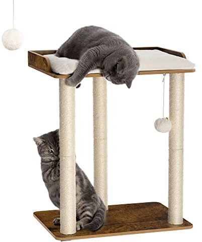 FourFurPets Kratzbaum, 68 cm hoch, Katzenbaum,mit DREI 60 cm Voll Sisal Kratzsäulen, 56 x 40 cm große Plattformen, Vintagebraun