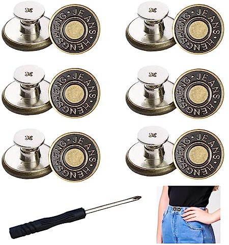YYJ HOME Buttons for Jeans, 17mm Jean Buttons for Loose Jeans, kit with Rivets and Screwdriver, Premium Quality Jean Buttons for Replacement and Adjustment - Set of 12.