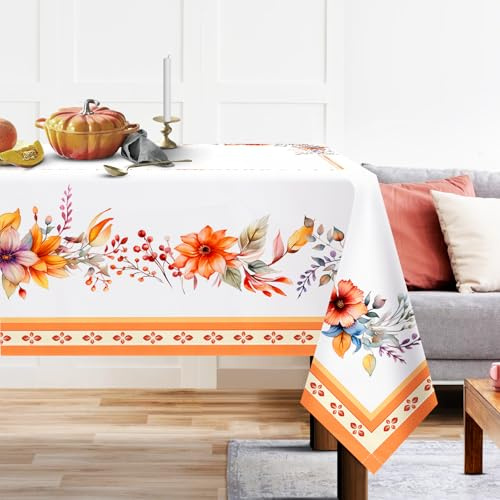 Arquiel Tischdecke mit Blumenmuster, rechteckig, orangefarbene Blume, wasserdicht, knitterfrei, dekorative Tischdecke für Küche, Esszimmer, Partys, Picknick, 152 x 213 cm