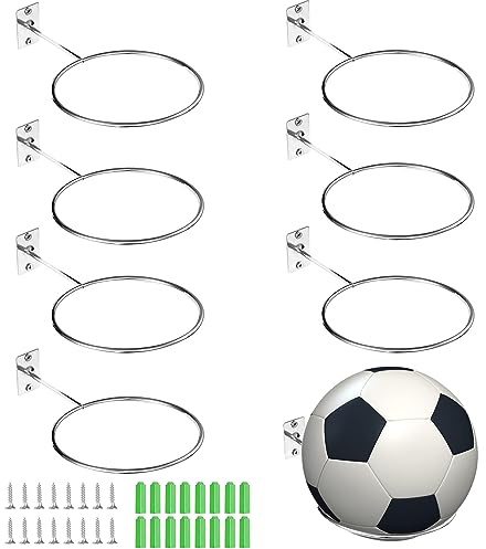 SVUPUE Soportes De Pared para Pelota De Baloncesto, Soporte De Pelota Deportiva, 8 Piezas Metal Soporte de Exhibición, con 16 Tornillos y 16 Tubos de Expansión, para Baloncesto Fútbol y Rugby, Plata