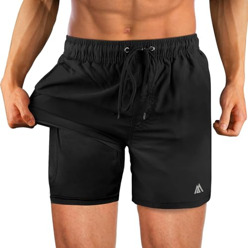 flintronic Traje de Baño Hombre con Forro Compresión, Bañador Hombre Pantalones de Doble Capa, Pantalones Cortos de Natación Secado Rápido, Shorts de Baño para Playa, L