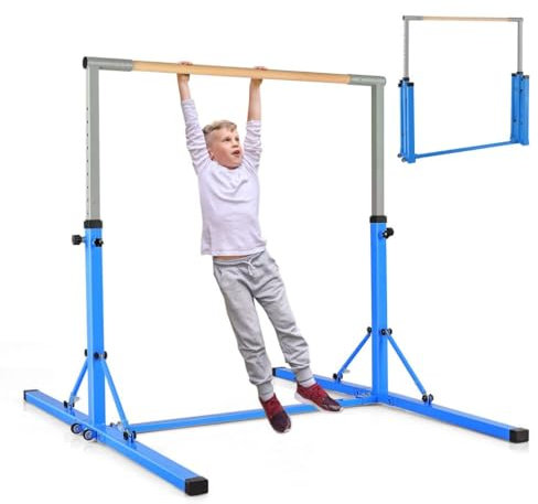 COSTWAY Foldable Gymnastics Bar, 90-150cm Height Adjustable Training Bar with Easy Moving Wheels and Non-slip Feet, Home Gym Equipment for Kids Juniors, 100kg Weight Capacity (Blue)