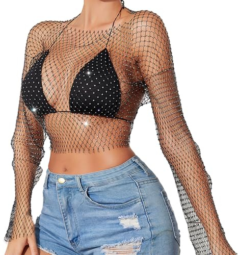 UICCVOKK Glitzer Top Glitzer Netz Oberteil Mesh Glitzer Oberteile Damen Transparentes Oberteil Damen Glitzer Strass Mesh Langarm Top