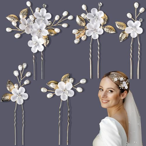 FUKPO Lot de 5 accessoires de cheveux de mariage en or blanc et doré - Bijou de cheveux