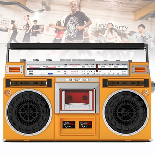 Lecteur de cassettes CD rétro Boombox, style des années 80, boombox à cassette portable, prise en charge de l'entrée SD/USB, avec radio AM/FM, pour les réunions de famille et les voyages,Yellow