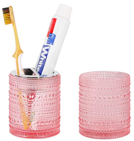Tonxus Glass Toothbrush Holder Set, 2 Slot Toothbrush and Toothpaste Storage Cup, Mouthwash Cup, Makeup Brush Holder, Pink