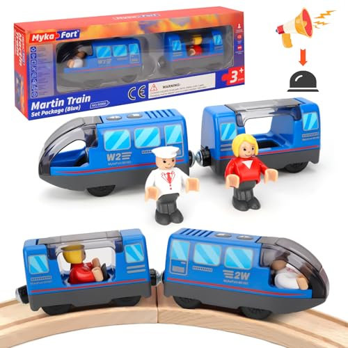 Eisenbahn elektrische lok Holzeisenbahn Zug Kinder, Batteriebetriebener Lokomotivzug (Magnetanschluss), Leistungsstarker Motorzug Kompatibel mit Thomas, Brio, Empfohlen ab 3 Jahren, Blau