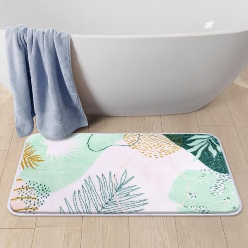 Britimes Bath Mat for Bathroom Boho Flowers Leaves Plants Shaggy Bathroom Mat Non Silp Water Absorbent Bath Rug Soft Washable Floor Rug Green White for Tub Showers Laundry Room Decor