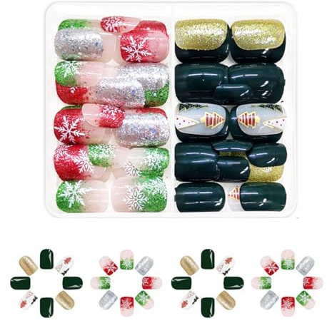Lot de 48 faux ongles brillants à presser pour Noël Vert avec motifs d'arbre de Noël