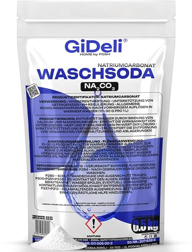 GiDeli Waschsoda 500g - Soda i pulver för blekning och avfärgning - Rengöringsmedel för tvättmaskin och avloppsrengörare - Natriumkarbonat för vidbrända kastruller samt för rengöring av kakel