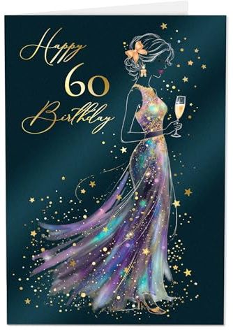 Joli Coon Geburtstagskarte 60 STARDUST, Premium Lady, mit FinePaper Kuvert | 350g Perlmuttpapier mit Schimmereffekt, weiße Innenseite, selbstklebendes Wachssiegel, für persönliche Geburtstagswünsche
