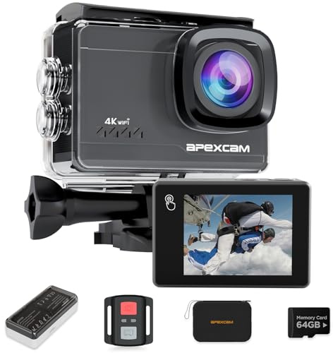 Apexcam M90 cámara Deportiva 4K/64MP con 64G Tarjeta cámara acción EIS con Pantalla táctil WiFi 8X Zoon cámara Sumergible subacuática 40M y Mando a Distancia con Dos 1350*baterías y Otros Accesorios