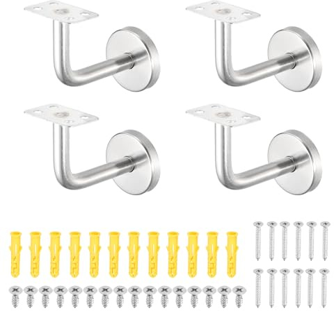 sourcing map 4 Pack Stainless Steel Handrail Bracket, Wall-Mounted Railing Support with Screws, Flat Surface Staircase Hand Railing Brackets for Home Hotel (2.4 x 2.4)