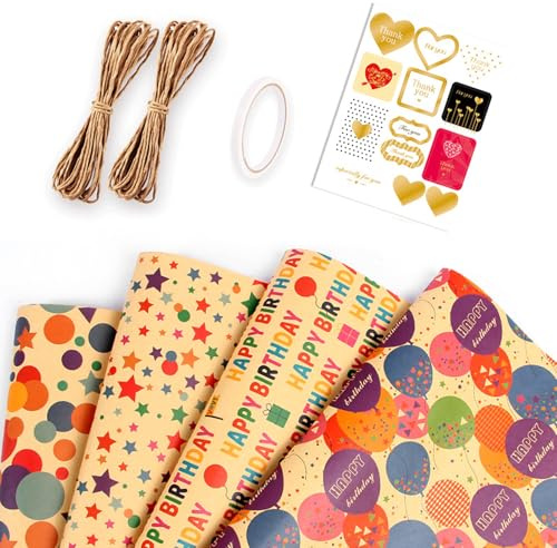 Juego de 4 papeles de regalo – Papel de regalo sorpresa para cumpleaños, diseños coloridos, ideal para regalos de Navidad, manualidades y decoración de fiestas, incluye cuerda de cáñamo, cinta