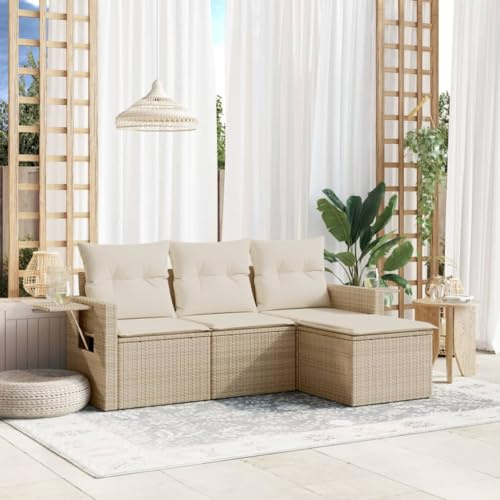 QJBSAVVA 4-TLG. Poly-Rattan Sitzgruppe Beige 55 x 62 x 69 cm mit abnehmbaren Bezügen, klappbaren Armlehnen-Ablagen und Hocker platzsparendes Balkonset für Garten Terrasse und kleine Balkone