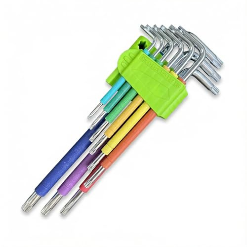 Uni-Fine - Juego de 9 llaves Torx T10-T50 de seguridad a prueba de manipulaciones, hechas de acero Cr-V, codificadas por colores, llaves de estrella largas en forma de L para mantenimiento del hogar