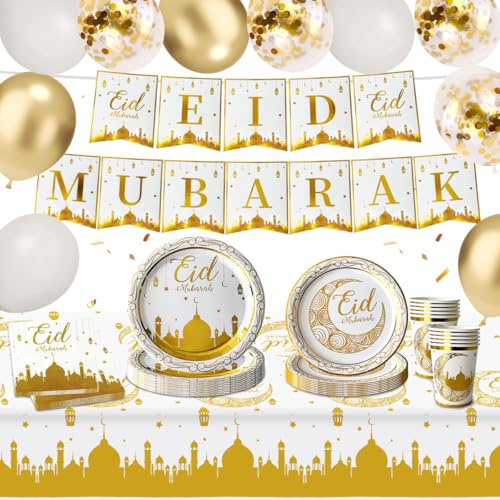 52 Pieces Eid Mubarak Vaisselle Décoration, Vaisselle Aid Moubarak, Pré-installés Aid Mubarak Décoration avec Assiette, Serviette, Gobelet, Nappe, Banderole et Ballons, Decoration Aid Moubarak 2026