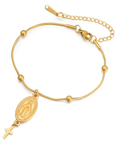 LIKGREAT Bracelet Chapelet Vierge Marie Bracelet Catholique Virgen de Guadalupe en Acier Inoxydable Bijou Religieux pour Baptême Femme (3-Or)