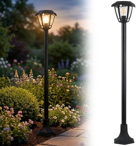 ideoon Solar-LED-Gartenlaterne mit PIR Bewegungssensor 90° & 6m Reichweite, IP44 Wasserfest, E27 Filament Lampe, 3 Modi, 111,5 cm, Aussenleuchte