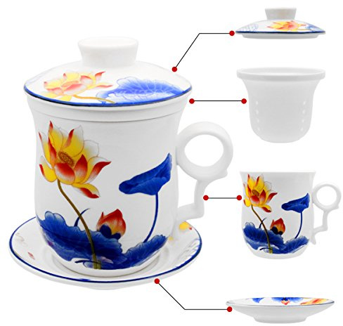 Hollihi Tasse à thé avec couvercle, soucoupe, filtre en porcelaine chinoise de Jingdezhen