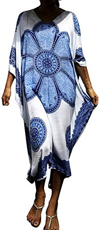 FSMO Elegante poncho da spiaggia con stampa etnica allentata caftano smock estivo maxi abito, Bianco A., taglia unica
